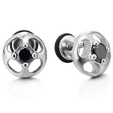 Mens Womens Stainless Steel Circle Cross Stud Earrings with Black Cubic Zirconia, Screw Back, 2 PCS - COOLSTEELANDBEYOND Jewelry