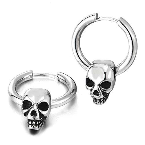 Mens Womens Stainless Steel Circle Huggie Hinged Hoop Earrings Dangle with Vintage Skull Charms 2pcs - coolsteelandbeyond