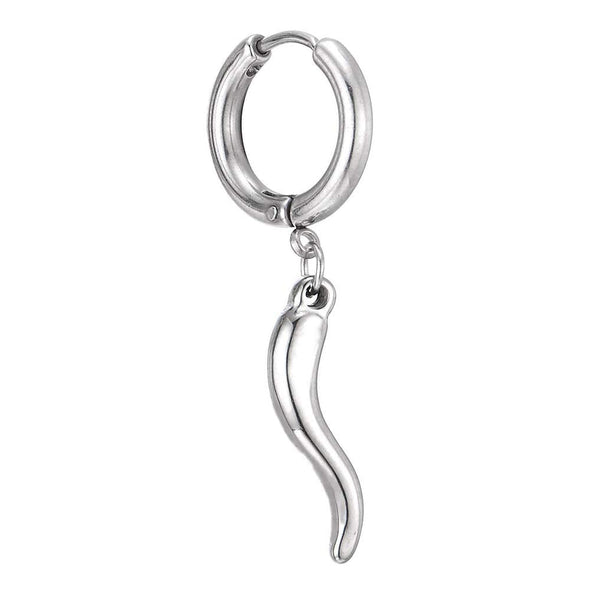 Mens Womens Stainless Steel Circle Huggie Hinged Hoop Earrings with Dangling Horn Charm, 2pcs - COOLSTEELANDBEYOND Jewelry