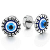 Mens Womens Stainless Steel Evil Eye Grooved Circle Stud Earrings with Blue Resin, Screw Back, 2pcs - COOLSTEELANDBEYOND Jewelry