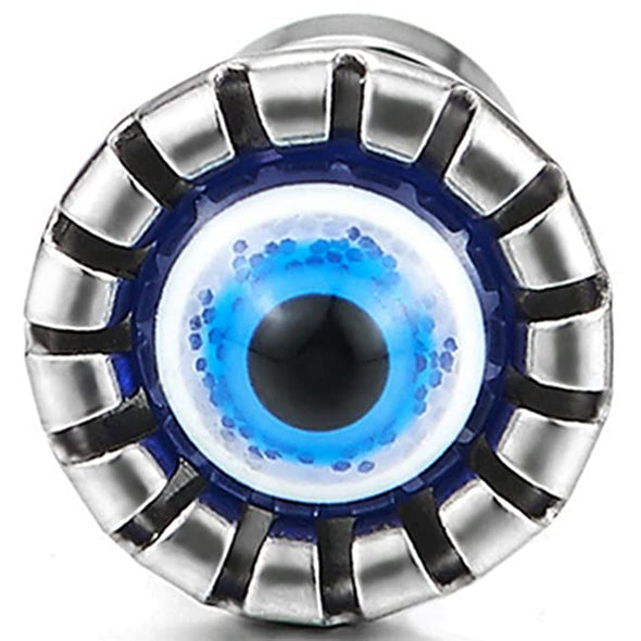 Mens Womens Stainless Steel Evil Eye Grooved Circle Stud Earrings with Blue Resin, Screw Back, 2pcs - COOLSTEELANDBEYOND Jewelry