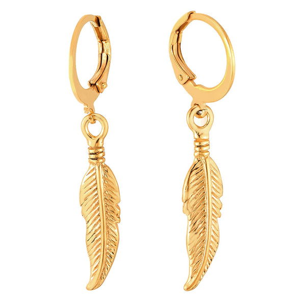 Mens Womens Stainless Steel Gold Color Huggie Hinged Hoop Earrings with Dangling Feather Leaf - COOLSTEELANDBEYOND Jewelry