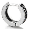 Mens Womens Stainless Steel Grooved Chain Link Pattern Huggie Hinged Hoop Earrings with Black Enamel - COOLSTEELANDBEYOND Jewelry