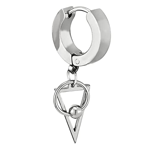 Mens Womens Stainless Steel Huggie Hinged Hoop Earrings with Dangling Circle Bead and Open Triangle - COOLSTEELANDBEYOND Jewelry