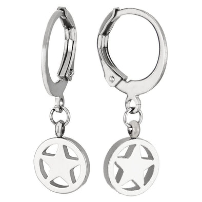 Mens Womens Stainless Steel Huggie Hinged Hoop Earrings with Dangling Circle Star Pentagram - COOLSTEELANDBEYOND Jewelry