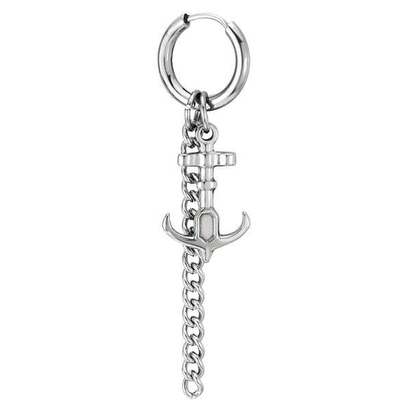 Mens Womens Stainless Steel Huggie Hinged Hoop Earrings with Dangling Long Chain and Marine Anchor - coolsteelandbeyond