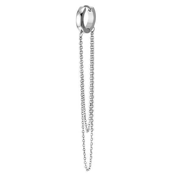 Mens Womens Stainless Steel Huggie Hinged Hoop Earrings with Dangling Two-tier Long Chains - COOLSTEELANDBEYOND Jewelry