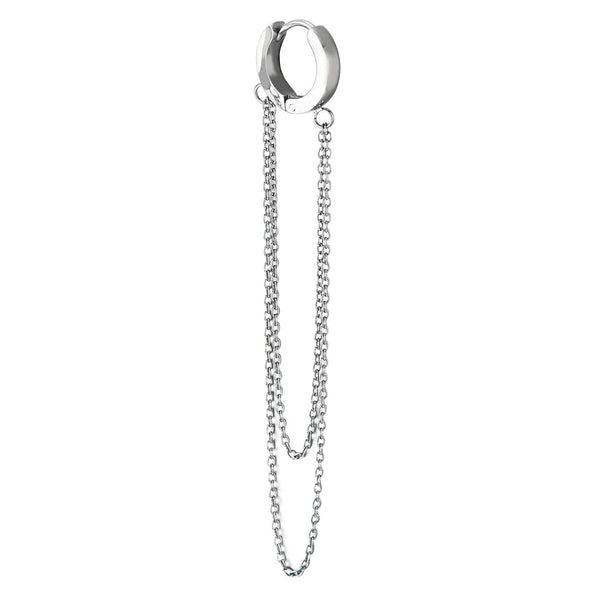 Mens Womens Stainless Steel Huggie Hinged Hoop Earrings with Dangling Two-tier Long Chains - COOLSTEELANDBEYOND Jewelry