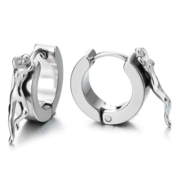 Mens Womens Stainless Steel Huggie Hinged Hoop Earrings with Female Figure - COOLSTEELANDBEYOND Jewelry