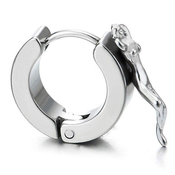 Mens Womens Stainless Steel Huggie Hinged Hoop Earrings with Female Figure - COOLSTEELANDBEYOND Jewelry