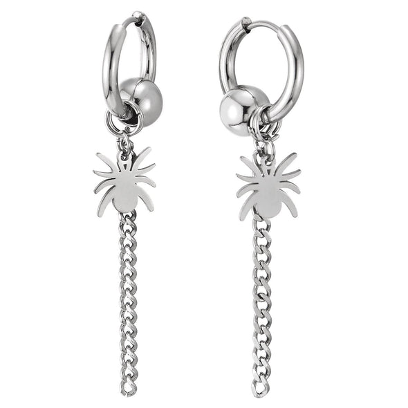 Mens Womens Steel Bead Huggie Hinged Hoop Earrings with Dangling Spider and Long Chain - COOLSTEELANDBEYOND Jewelry