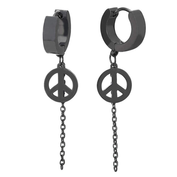 Mens Womens Steel Black Huggie Hinged Hoop Earrings with Dangling Long Chain and Anti-war Peace Sign - COOLSTEELANDBEYOND Jewelry