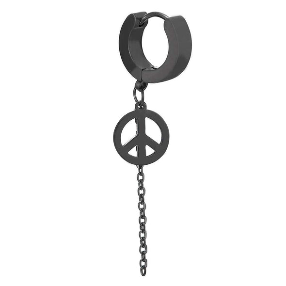 Mens Womens Steel Black Huggie Hinged Hoop Earrings with Dangling Long Chain and Anti-war Peace Sign - COOLSTEELANDBEYOND Jewelry