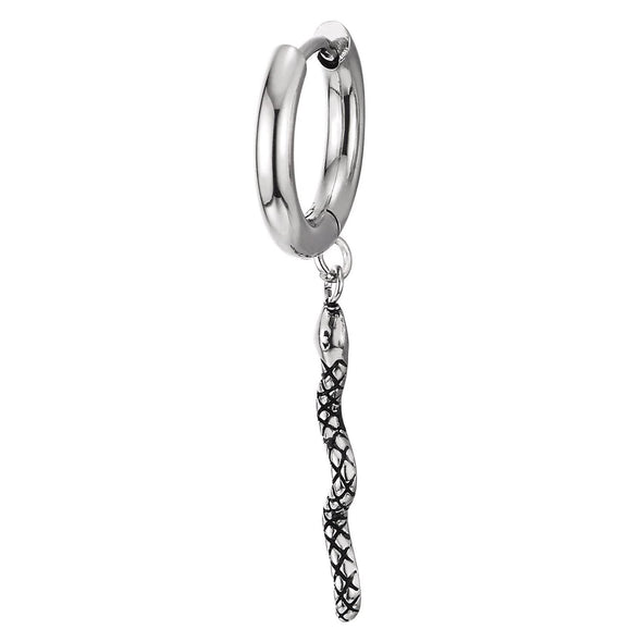 Mens Womens Steel Circle Huggie Hinged Hoop Earrings Dangle with Vintage Snake - COOLSTEELANDBEYOND Jewelry