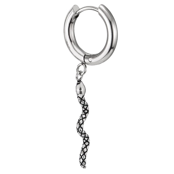 Mens Womens Steel Circle Huggie Hinged Hoop Earrings Dangle with Vintage Snake - COOLSTEELANDBEYOND Jewelry