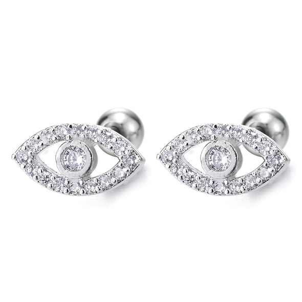 Mens Womens Steel Evil Eye Protection Oval Stud Earrings with Pave Cubic Zirconia, Screw Back