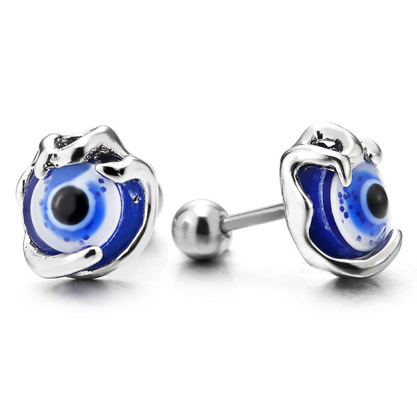 Mens Womens Steel Filigree Swirl Hand Grabbing Evil Eye Stud Earrings with Blue Resin Screw Back - COOLSTEELANDBEYOND Jewelry