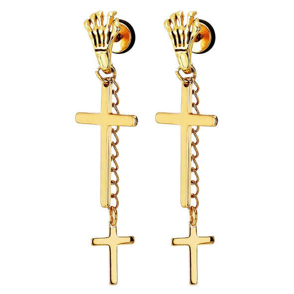 Mens Womens Steel Gold Color Skeleton Claw Cross Chain Stud Earrings Drop Dangle, Screw Back, 2pcs - COOLSTEELANDBEYOND Jewelry