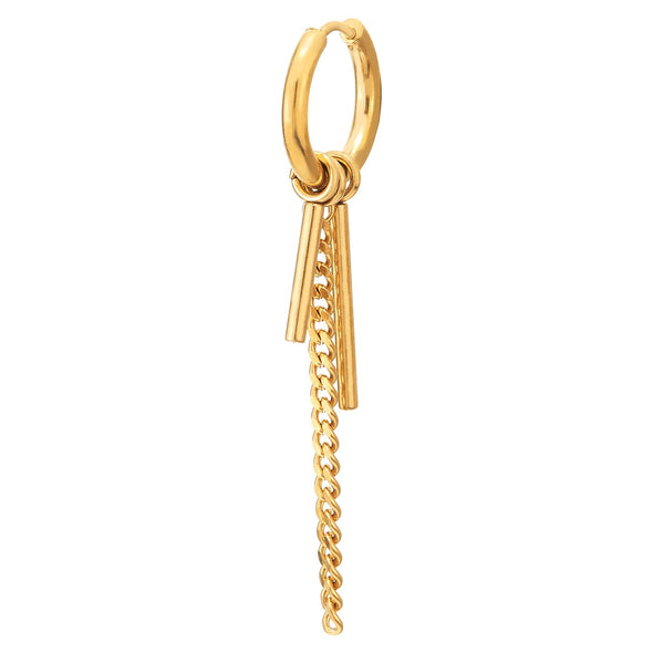 Mens Womens Steel Gold Huggie Hinged Hoop Earrings with Double Stick Bar, Dangling Long Chain - COOLSTEELANDBEYOND Jewelry