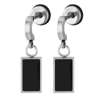 Mens Womens Steel Half Hoop Stud Earrings with Dangling Rectangle of Black Enamel, Screw Back - COOLSTEELANDBEYOND Jewelry