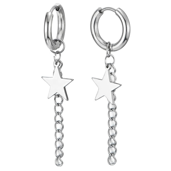 Mens Womens Steel Huggie Hinged Hoop Earrings with Dangling Long Chain and Mirror Surface Star