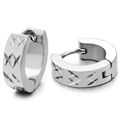 Mens Womens Steel Huggie Hinged Hoop Earrings with Laser Grooved X Cross Grid, Satin Polished - COOLSTEELANDBEYOND Jewelry