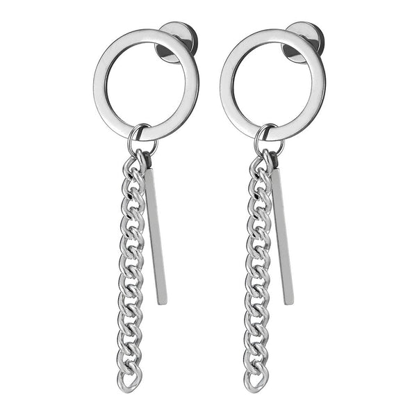 Mens Womens Steel Open Circle Stud Earrings with Drop Dangle Curb Chain and Stick, Screw Back, 2 pcs - coolsteelandbeyond