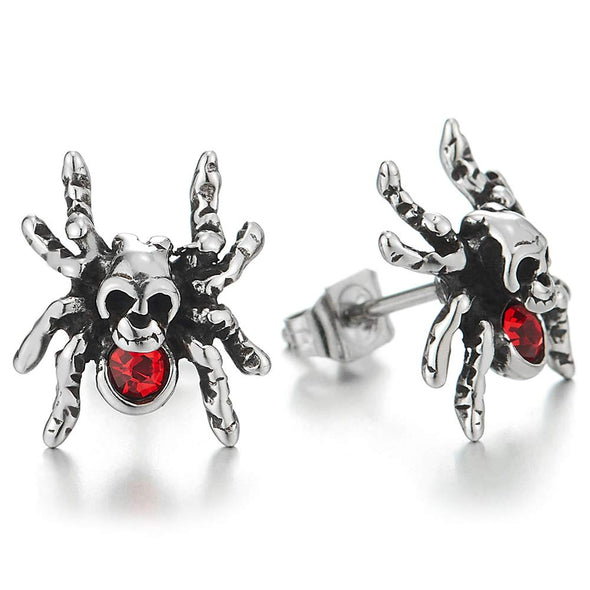 Mens Womens Steel Vintage Spider Skull Stud Earrings with Red Cubic Zirconia, Gothic Punk Rock - coolsteelandbeyond