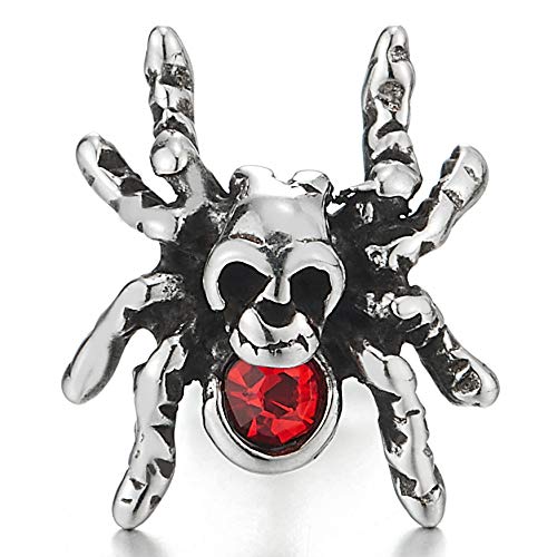 Mens Womens Steel Vintage Spider Skull Stud Earrings with Red Cubic Zirconia, Gothic Punk Rock - coolsteelandbeyond
