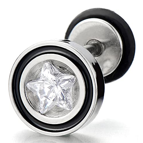 Mens Womens Stud Earrings Steel Illusion Tunnel Plug Screw Back with Star Shape Cubic Zirconia, 2pcs - COOLSTEELANDBEYOND Jewelry