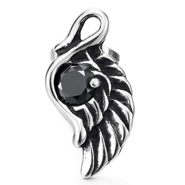 Mens Womens Vintage Wing Stud Earrings with Black Cubic Zirconia, Stainless Steel, Unique 2pcs - COOLSTEELANDBEYOND Jewelry
