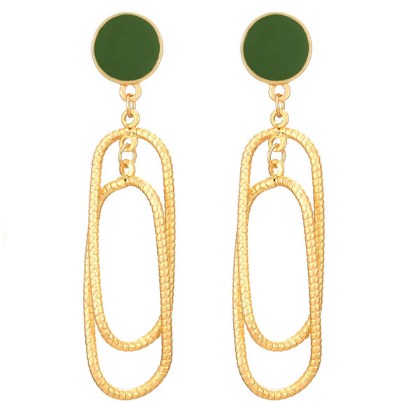 Modern Gold Color Circle Long Oval Statement Drop Dangle Stud Earrings with Green Enamel - COOLSTEELANDBEYOND Jewelry