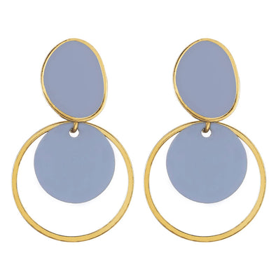 Modern Gold Color Circles Discs Statement Drop Dangle Stud Earrings with Blue Enamel - COOLSTEELANDBEYOND Jewelry