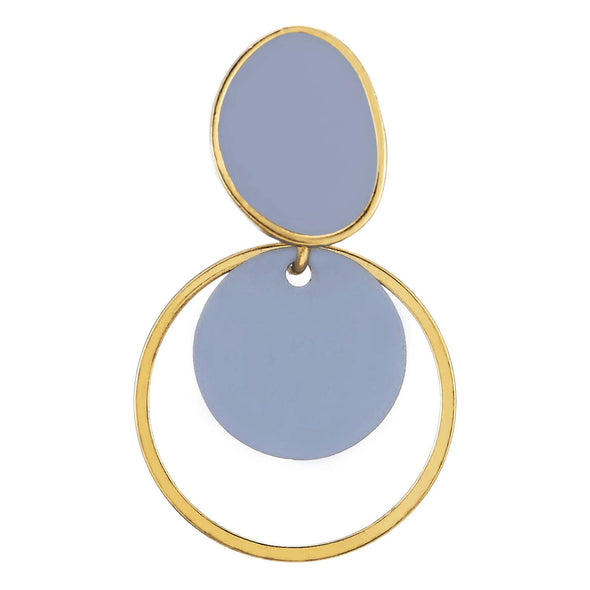 Modern Gold Color Circles Discs Statement Drop Dangle Stud Earrings with Blue Enamel