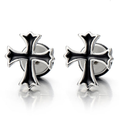 NEW Mens Womens Cross Stud Earrings in Stainless Steel with Black Enamel, Screw Back, 2 Pcs - COOLSTEELANDBEYOND Jewelry