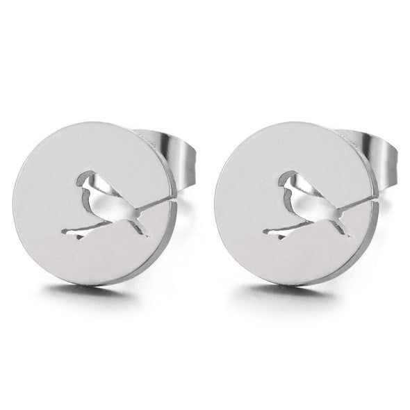 Pair 10mm Stainless Steel Bird on Branch Circle Stud Earrings for Women, Unique, Hipster