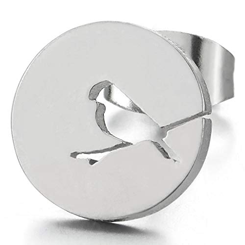 Pair 10mm Stainless Steel Bird on Branch Circle Stud Earrings for Women, Unique, Hipster