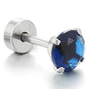 Pair 6MM Mens Womens Stainless Steel Blue Round Cubic Zirconia Stud Earrings, Screw Back, Exquisite - coolsteelandbeyond