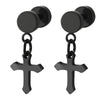 Pair Black Circle Barbell Stud Earrings with Dangling Cross, Men Women, Stainless Steel, Screw Back - COOLSTEELANDBEYOND Jewelry