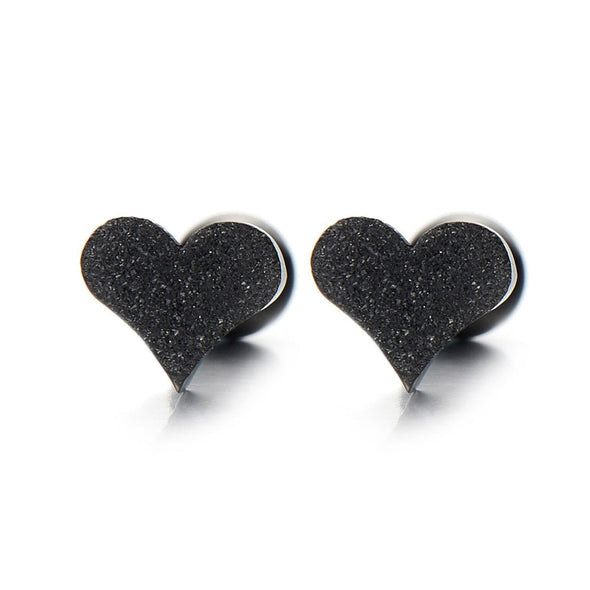 Pair Black Satin Heart Stud Earrings Stainless Steel, Screw Back - coolsteelandbeyond