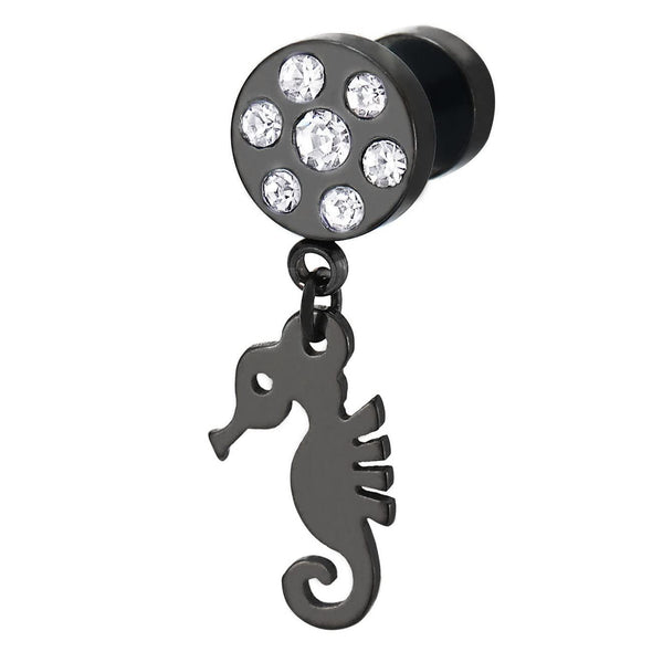 Pair Black Screw Stud Earrings with Cubic Zirconia with Dangling Seahorse, for Men Women - COOLSTEELANDBEYOND Jewelry