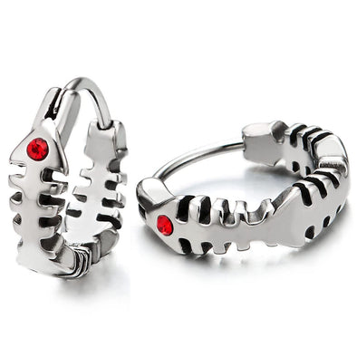 Pair Fish Bone Huggie Hinged Hoop Earrings with Red Cubic Zirconia, Stainless Steel, for Men Women - COOLSTEELANDBEYOND Jewelry