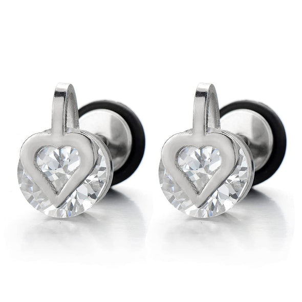 Pair Heart Stud Earrings with Cubic Zirconia, Stainless Steel Screw Back - COOLSTEELANDBEYOND Jewelry