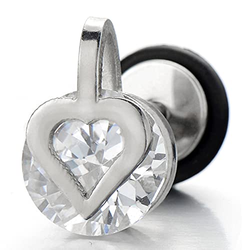 Pair Heart Stud Earrings with Cubic Zirconia, Stainless Steel Screw Back - COOLSTEELANDBEYOND Jewelry