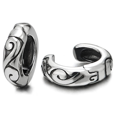 Pair Men Women Steel Huggie Hinged Hoop Earrings with Swirl Waves, Non-piercing Clip on Earrings - COOLSTEELANDBEYOND Jewelry