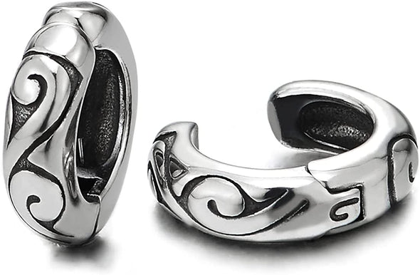 Pair Men Women Steel Huggie Hinged Hoop Earrings with Swirl Waves, Non-piercing Clip on Earrings - COOLSTEELANDBEYOND Jewelry