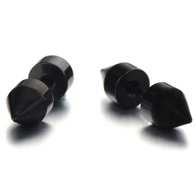 Pair Mens Black Double Spike Stud Earrings in Stainless Steel - coolsteelandbeyond