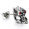 Pair Mens Devil Skull Stud Earrings in Stainless Steel with Red Cubic Zirconia, Punk Rock Biker - coolsteelandbeyond