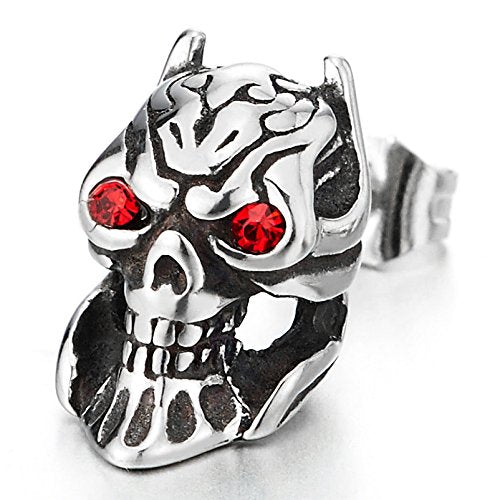 Pair Mens Devil Skull Stud Earrings in Stainless Steel with Red Cubic Zirconia, Punk Rock Biker - coolsteelandbeyond