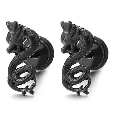 Pair Mens Stainless Steel Black Dragon Stud Earrings, Screw Back - COOLSTEELANDBEYOND Jewelry
